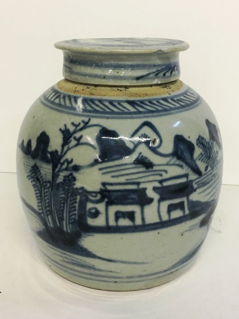 BLUE AND WHITE IRONSTONE GINGER JAR CHIP ON LID: 7" tall x 7" wide