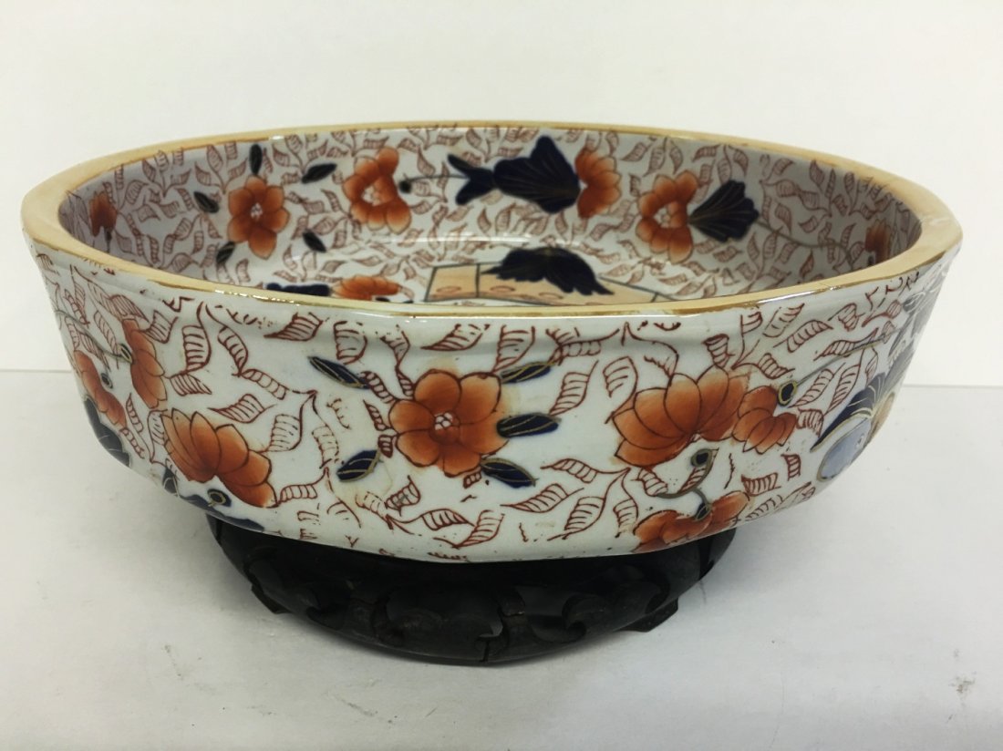 ORANGE AND BLUE FLORAL BOWL: 11.25" wide blue crown seal on bottom Royal Ironstone