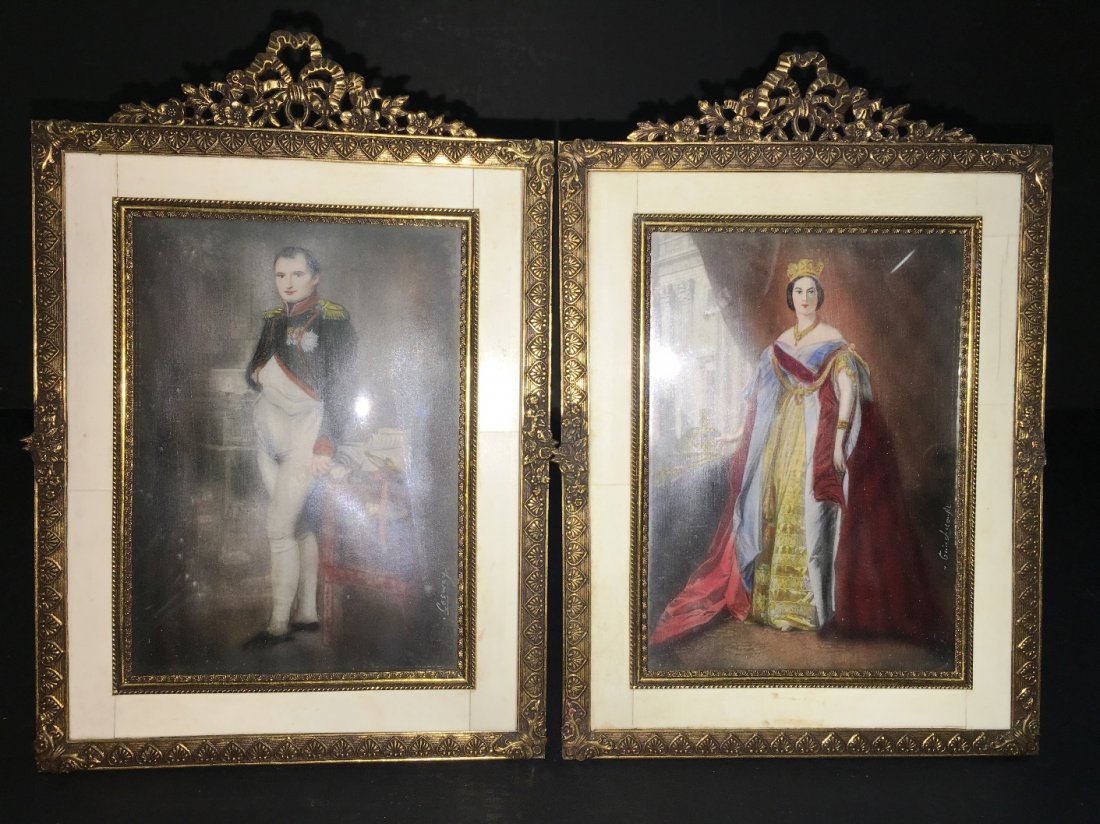 PAIR OF BONE FRAMED MINIATURE ART ONE BY RICHARD: 8.5" tall x 6" wide. Nobel portraits. The man is signed Cosway, Richard Cosway British artist 1742-1821. The lady is signed as well