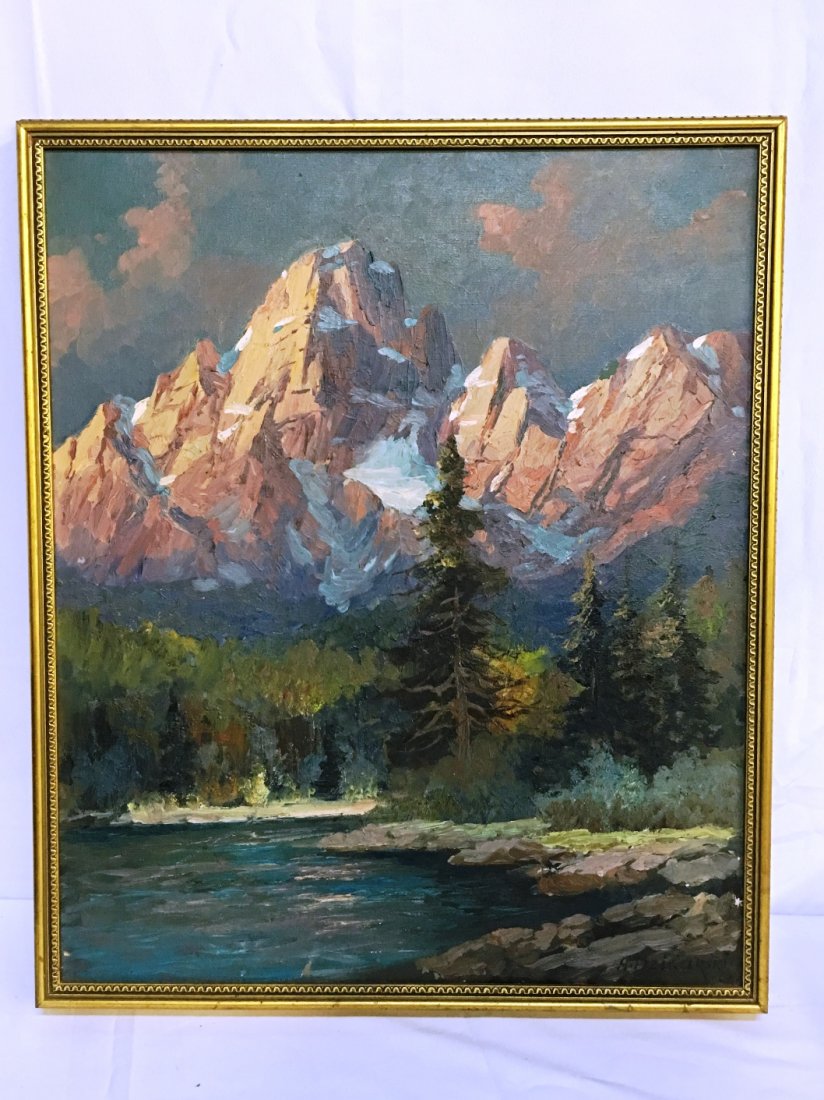 OIL ON CANVAS BY ALEX DZIGURSKI MOUNTAIN SCENE: 25" tall x 22" wide. Born 1911, brass plaque on back