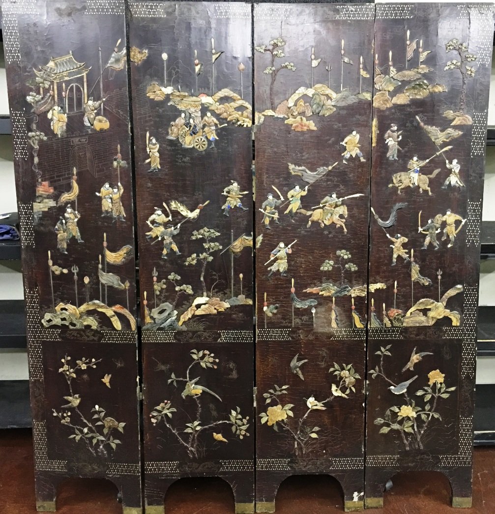 4 PANEL ANTIQUE CHINESE SCREEN: Inlaid with mother of pearl, jadite, soapstone. Battle scene, 72" tall x 16" wide each