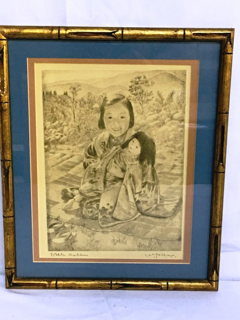 CHARCOAL OF CHILD WITH DOLL SIGNED: 13" tall x 16" wide " Little Mother"