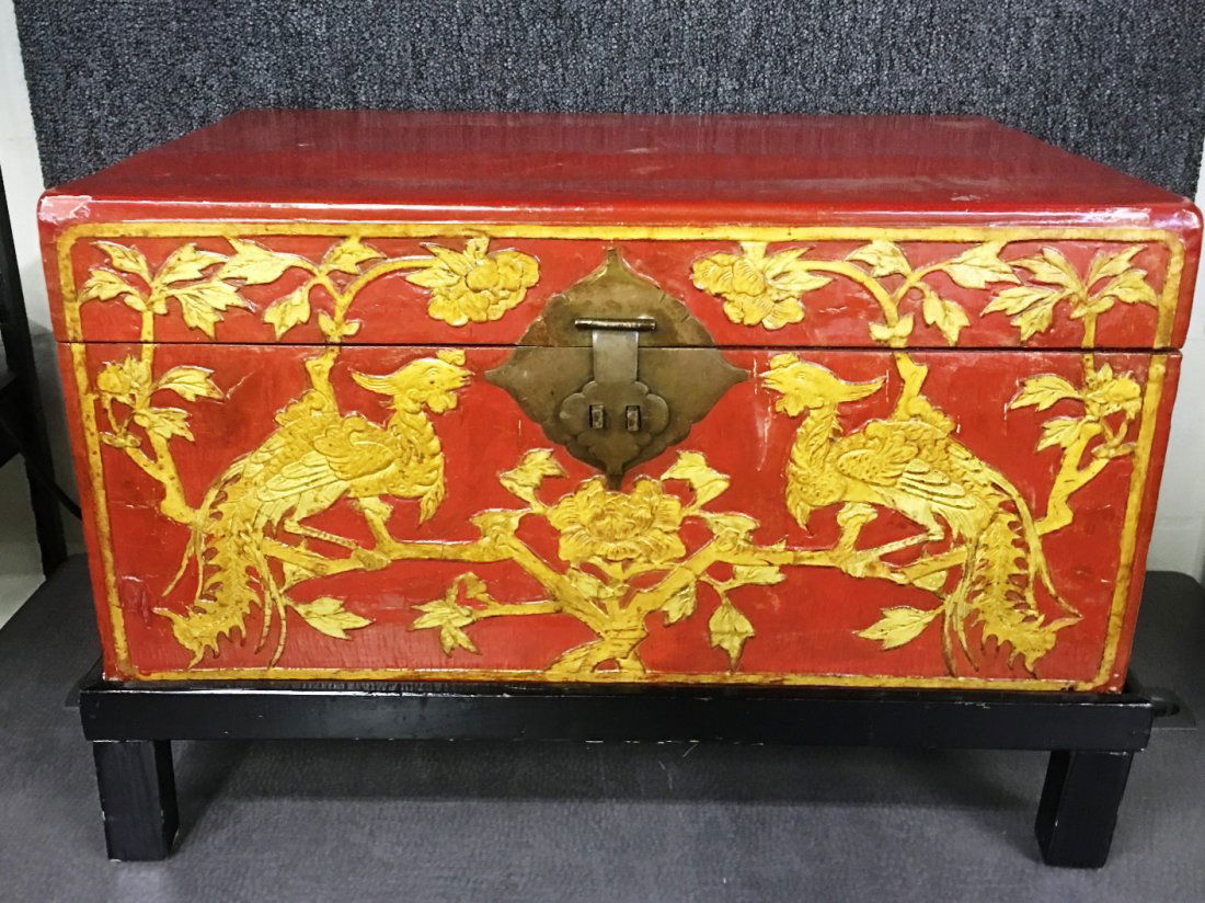 RED LACQUER ORIENTAL TRUNK CHEST (1 of 4)