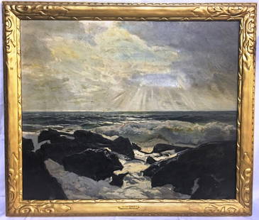 OIL ON CANVAS SIGNED FEDERICK J. WAUGH: 30" tall x 34" wide label on back Grand Central Art NY NY, "Ocean Tides", as-is, some flaking