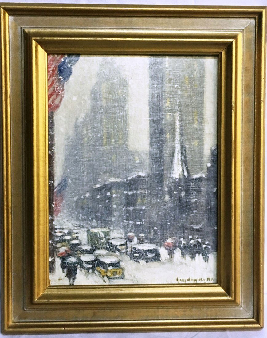OIL/PANEL GUY CARLETON WIGGINS, NEW YORK WINTER: 12" tall x 9" wide, signed lower right