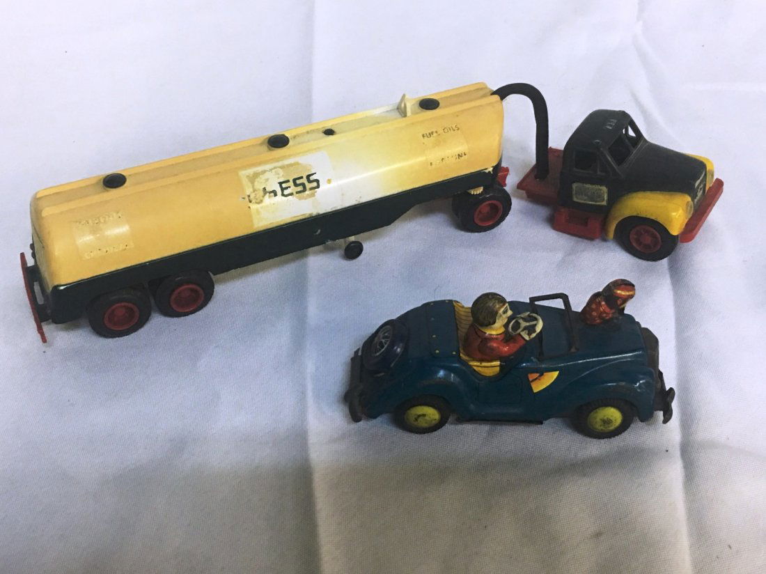 1ST HESS TRUCK 1964 & WIND UP METAL TOY CAR: 2 PIECES