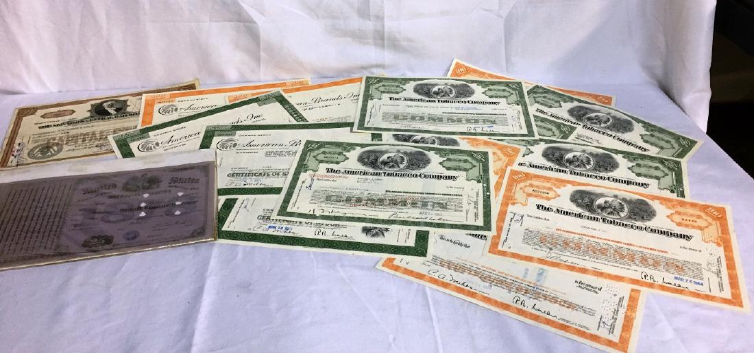 VINTAGE STOCK AND BONDS 1878-1970 TAX STAMP,: AMERICAN TABACCO CO., AMERICAN BRANDS, INC., THE NEW YORK CENTRAL RAILROAD (APPROX. 15)