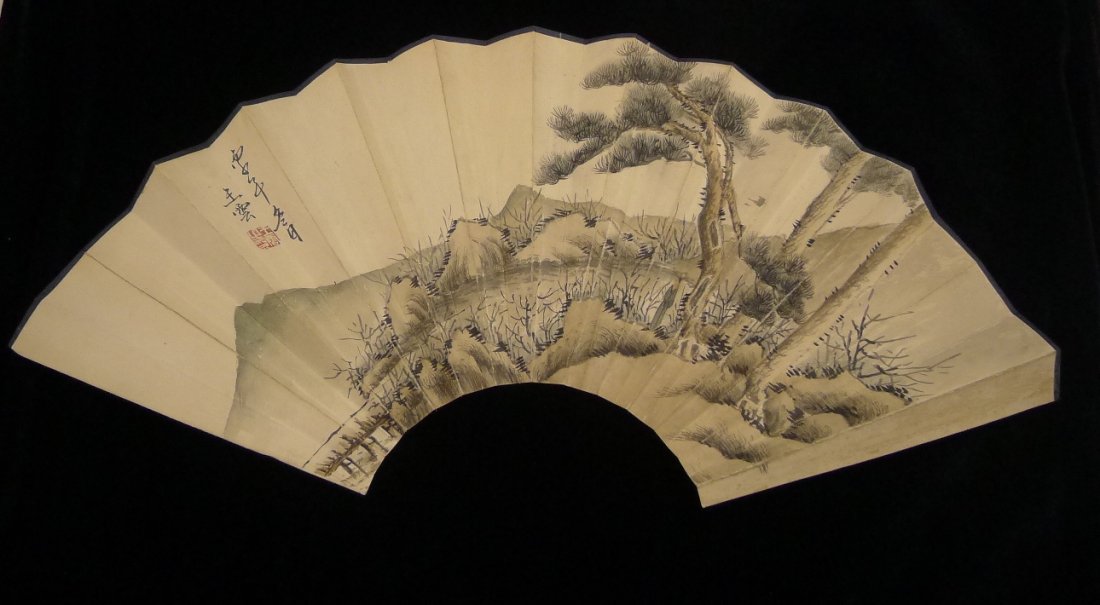 Chinese Painting Paper Fan by Wang Yun: Paper Fan landscape painting by Wang Yun 王梦白 (1888—1934) 名云, Chinese Painter. 22.5 x 7.75"