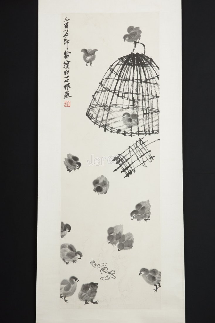 Chinese Painting by Qi Baishi: The painting by Qi Baishi齊白石 (Jan 1, 1864 to Sept 19, 1957),39.5 x 13.5", (It's from Taiwan American famous collector). Because Chinese/Asian art is often copied from preexisting 