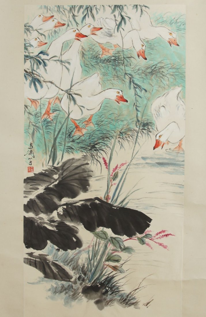 Chinese painting by Wang xuetao: Chinese Painting by Wang Xuetao 王雪涛 (1903 - 1982), is China's famous modern freehand bird, 34 x 17"