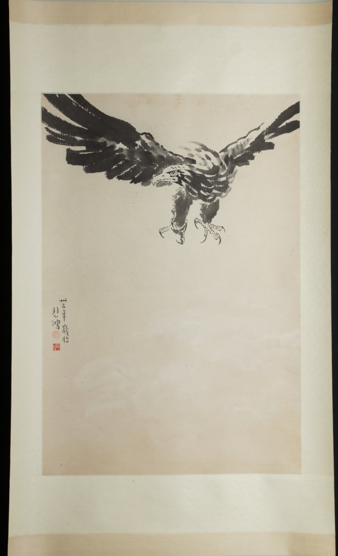 Chinese Scroll Painting: Chinese Painting by Xu Bei Hong 徐悲鴻, (7-19-1895 to 9-26-1953), Chinese modern painter, art educator, and also the founders of modern art. 37x25"