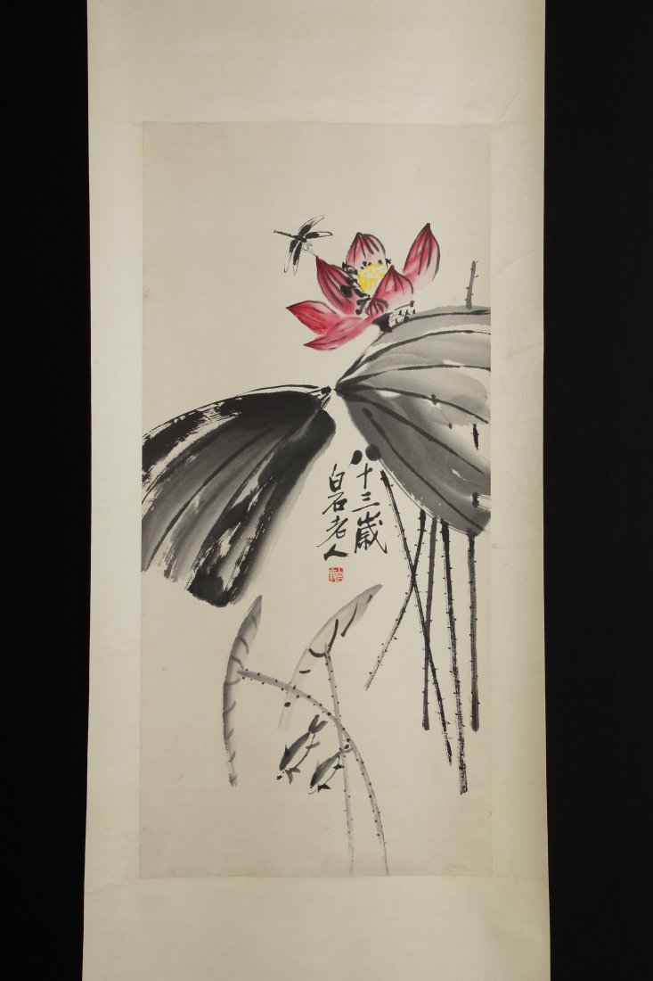 Chinese Scroll Painting: Chinese painting by Qi Baishi 齊白石 (Jan 1, 1864 to sept 16, 1957), on his 83 years old, signed with seal marks. size: 37.5" x 17.5".