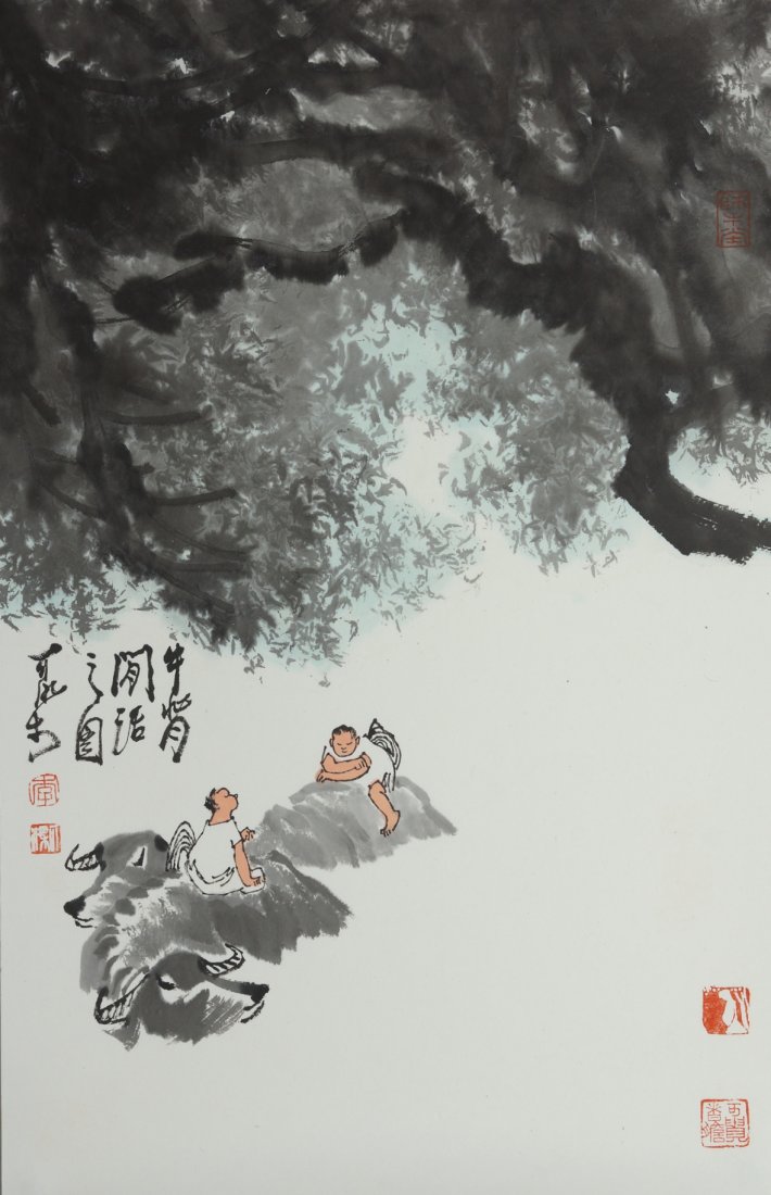 Chinese Painting: Chinese painting by Li Keran 李可染 (1907 -1989), a famous contemporary Chinese painter and mainly creation landscapes, the painting with 2 cowboys, signed with 4 seal marks, size: 2