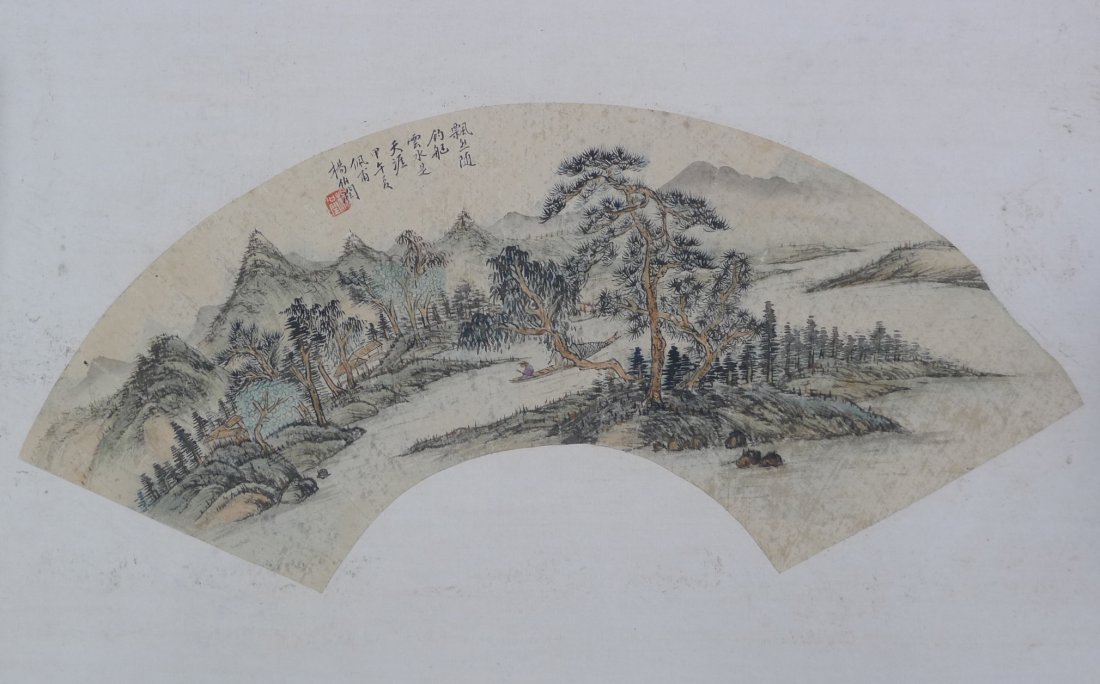 Chinese painting fan: Chinese Landscape of painting on paper fans, by Yang Borun 楊伯潤 (1837 - 1911), calligrapher and painter of the Qing Dynasty. The beautiful landscapes fan, is signed and marks, size