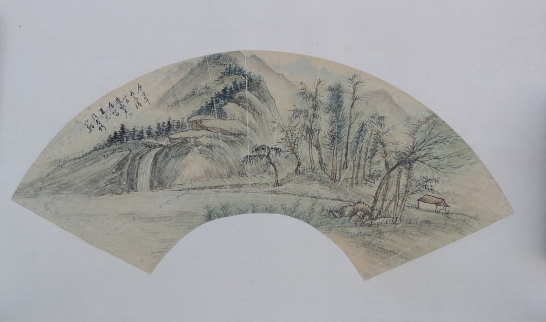Chinese painting fan: Chinese landscape of painting on paper fans, by Wang Yu 王昱 (1662 - 1750), the painter of the Qing Dynasty. The beautiful landscapes fan with signed, size: 21" x 7".