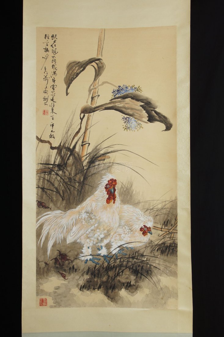 Chinese Scroll Painting: Chinese painting by Gao Jian Fu 高剑父 (1879 ~ 1951), Chinese modern artist, art educator. The chicken painting with signed and 2 seal marks, size: 43 x 22". (It's from Taiwan Americ