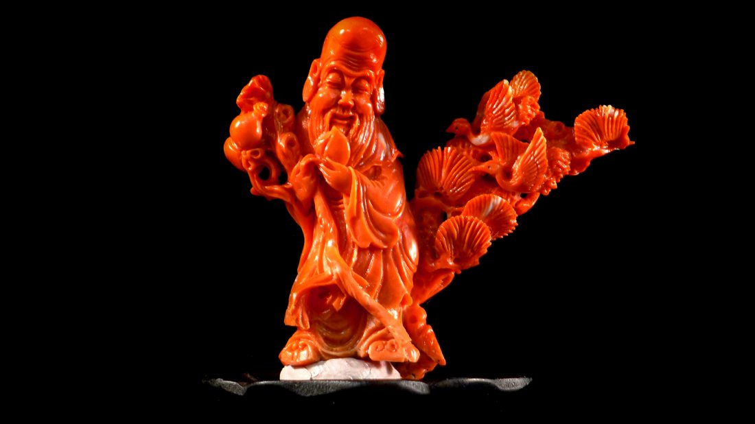 Vintage Chinese Carved Red Coral Decoration: Elaborately openwork carved, red coral figure of an old man carry peach, gourd with pine and crane, means wealth and longevity, 福禄寿-松鹤延年. Measurement, 