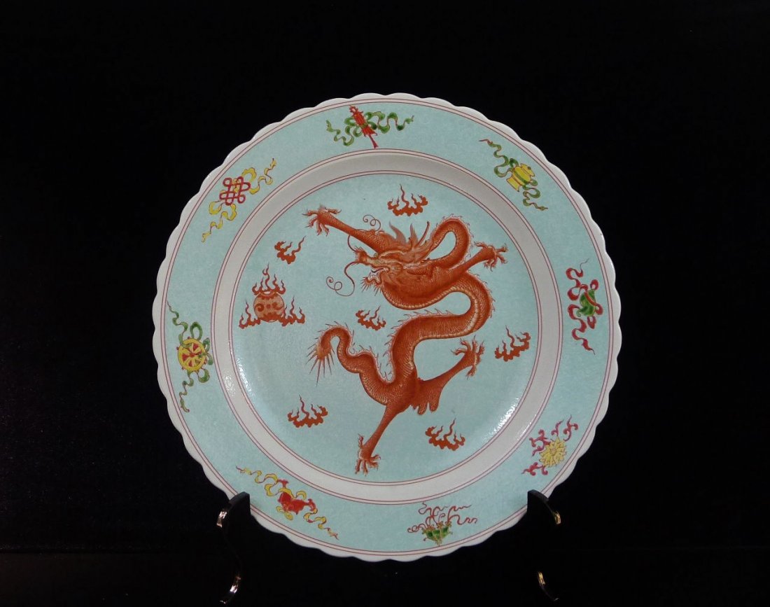 Chinese Porcelain Big Plate Decoration: Chinese Porcelain Big Plate Decoration, design with dragon in the meddle, and the gourd, fan, sword, lotus, flower pots, fish drum, flute, yin and yang board are outside, means auspicious and behalf o