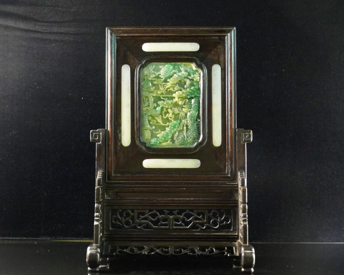 Chinese White Jade/Jadeite Hardwood Table Screen: Antique Chinese White Jade/Jadeite Hardwood Table Screen, design with jadeite in the middle and four pieces white jade in outside, with carved mounts of archaistic hardwood motifs, 16.5" H, 10.7 W.