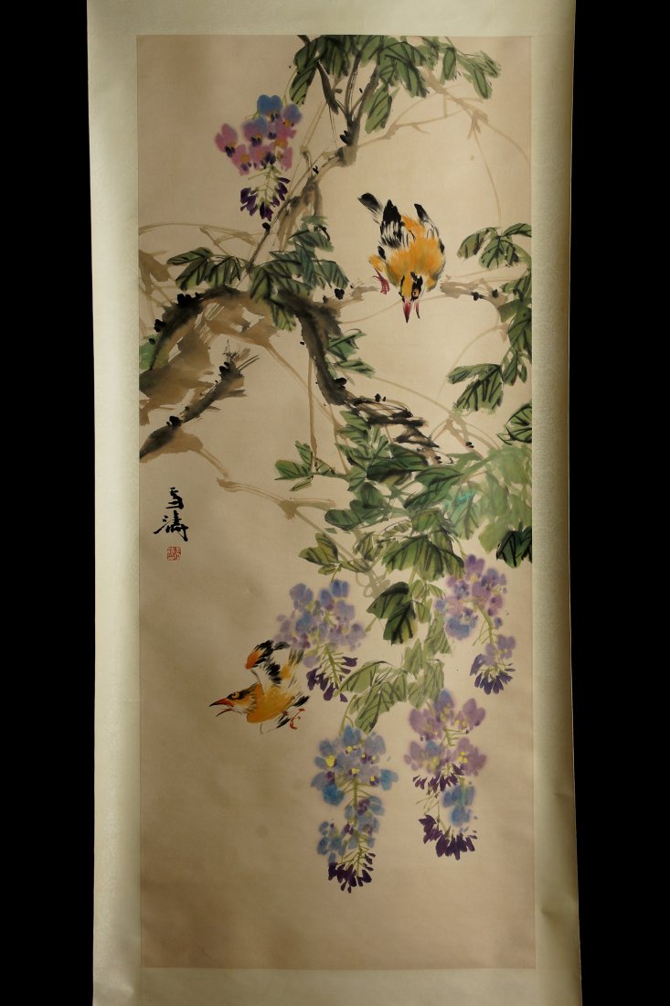 Chinese Painting: Chinese Painting by Wang Xuetao 王雪濤 (1903 - 1982), is China's famous modern freehand bird, this is flower and bird painting, signed and seal mark, size: 53" x 22".