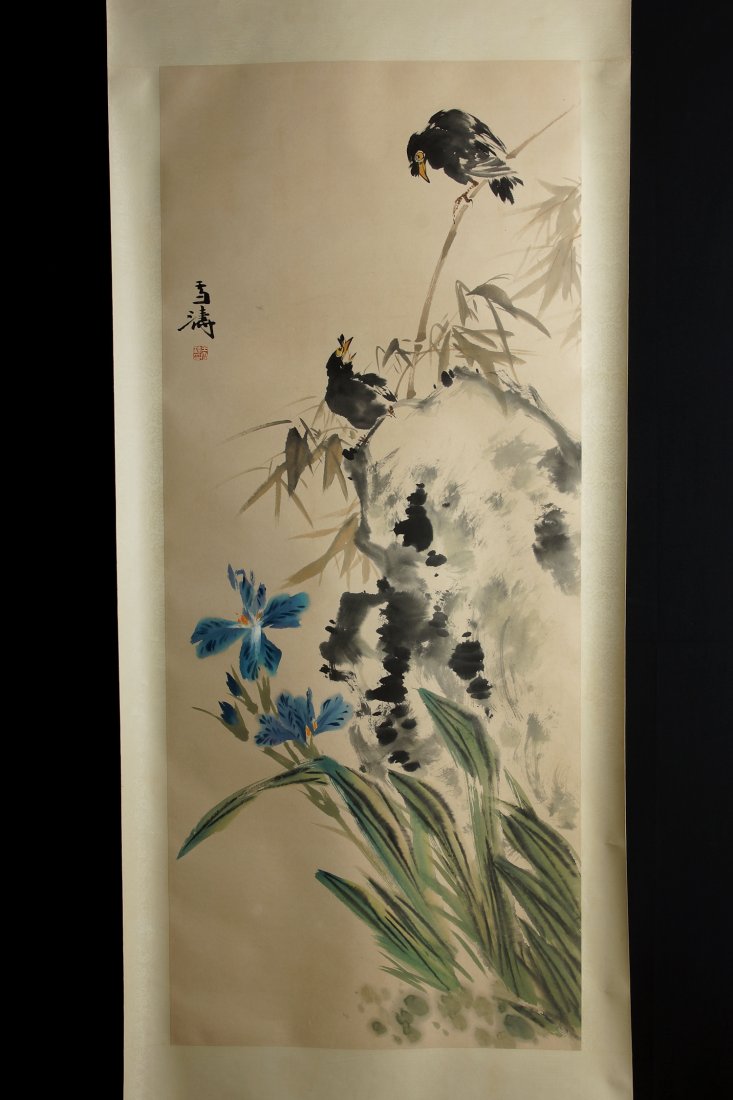 Chinese Painting: Chinese Painting by Wang Xuetao 王雪濤 (1903 - 1982), is China's famous modern freehand bird, the painting is designed by bird talk on the branch, signed and seal mark, size: 53" x 2
