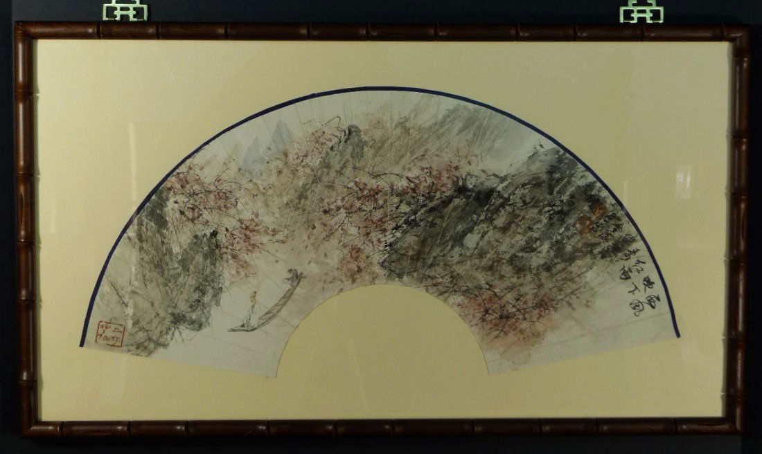 003: Chinese Watercolor Fan Painting by Fu Baoshi: Chinese figure and landscape painting on the fan, finely painting by Fu Baoshi 傅抱石 (1904-1965), signed with seal, was a Chinese painter, in good condition,size: 19.5" x 6.5" (49 x