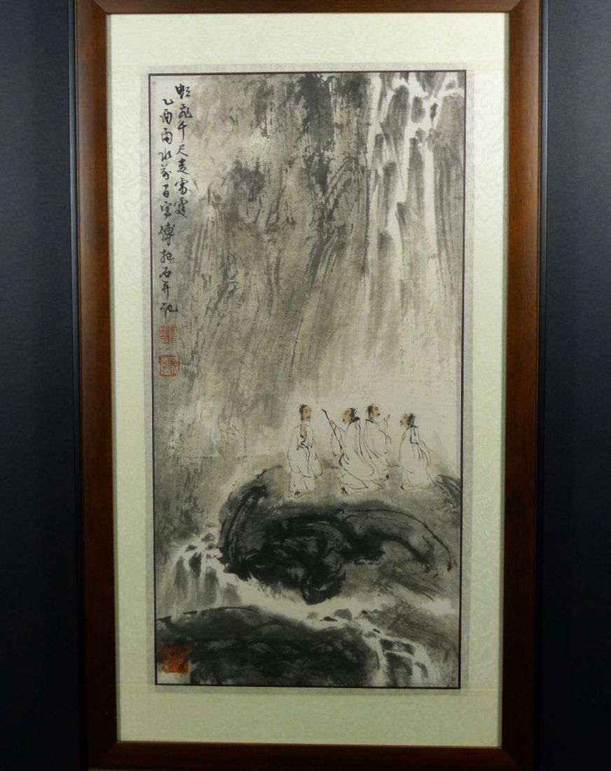 010: Chinese Painting by Fu Baoshi: Chinese Painting by Fu Baoshi 傅抱石 (1904-1965), a famous master of Chinese painter, the landscape painting is designed with people are viewing waterfall, size: 16" x 8" (40cm x 20c