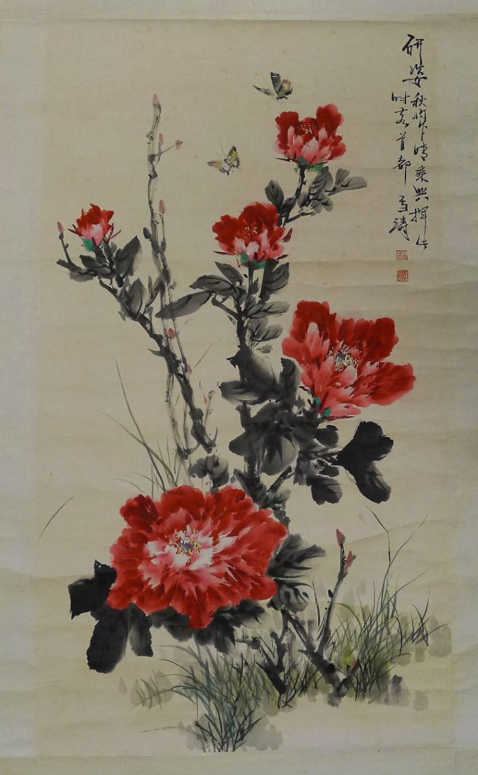 Chinese Painting by Wang Xuetao: Chinese Painting by Wang Xuetao 王雪濤 (1903 - 1982), is China's famous modern freehand bird, this is flower and bird painting, signed and 2 seal mark, size: 37.5" x 21".(95 x 53.5 c