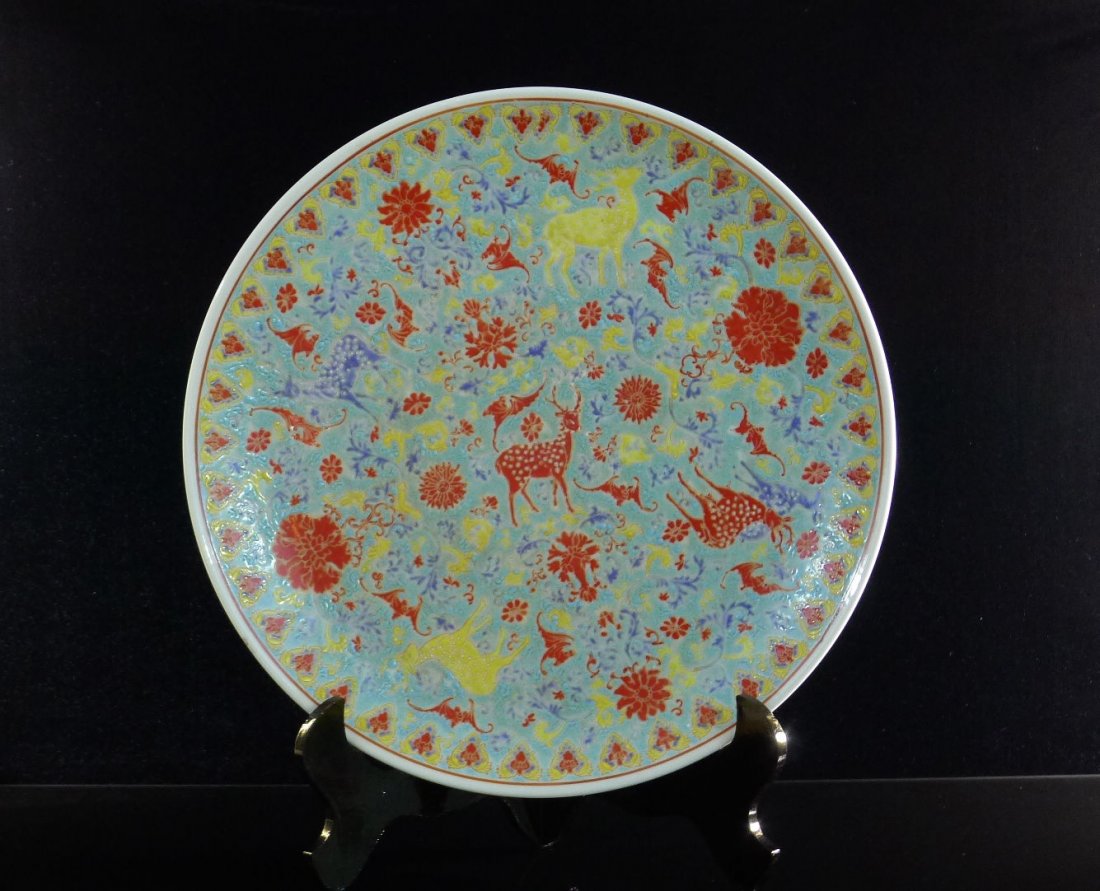93 Chinese Famille Rose Porcelain Big Plate Decoration: Chinese Famille Rose Porcelain Big Plate Decoration, design with flower, deer, bats... on both side, the seal mark on the bottom.