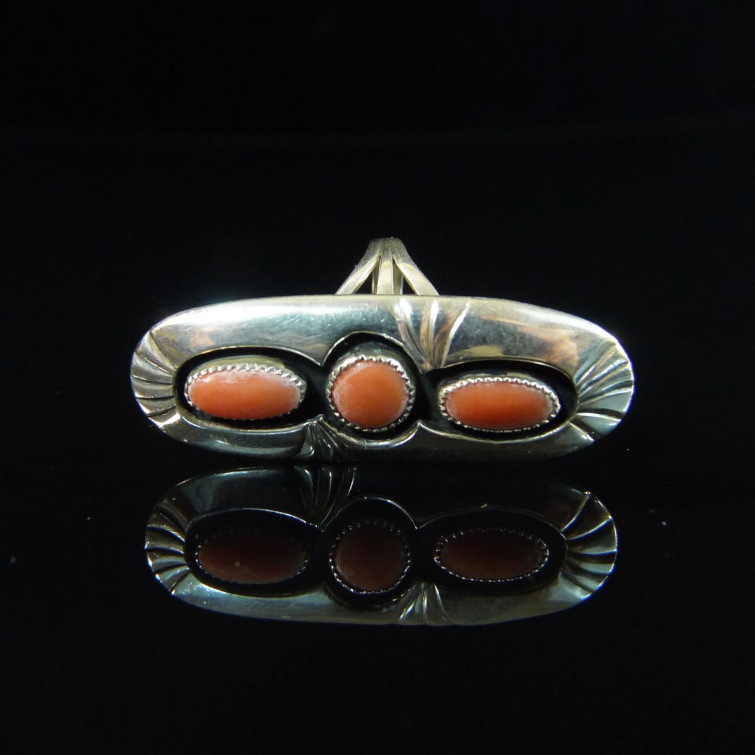 NATIVE AMERICAN INDIAN NAVAJO RED CORAL RING: Native American Indian Navajo Red Coral Ring, Sterling Silver, Signed by John White, Ring Size 7, Measurements: 5/8" x 2 7/8", Troy Ounce Weight: 0.34 ozt.