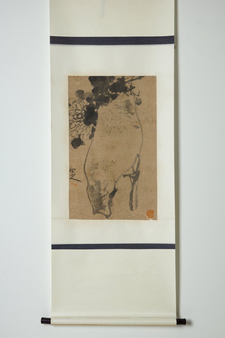 CHINESE SCROLL PAINTING BY BADA SHANREN: Chinese scroll painting by Badashanren 八大山人 (about 1626 - 1705), the Ming and Qing painter, his bird, flower and landscape painting has strong personal style and artistic a
