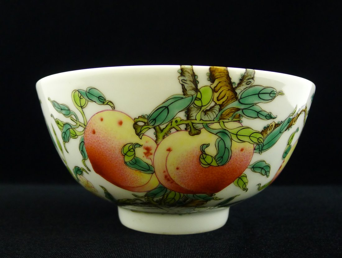 CHINESE FAMILLE ROSE PEACH BOWL: Extremely rare famille rose peach, bats and plum bowl. Skillful at fine art work and neat, there are total six peaches and five bats on the inside and outside of the bowl, painted peach is an auspicio