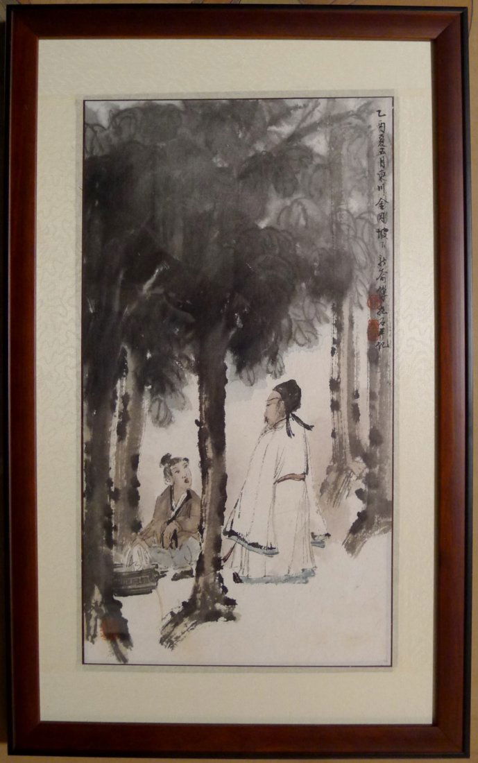 CHINESE PAINTING BY FU BAOSHI: Chinese painting by Fu Baoshi 傅抱石 (1904 to 1965). A famous painter and the new landscapes behalf painter, the fighre painting with signed and three seal marks, size: 17 x 9.5".