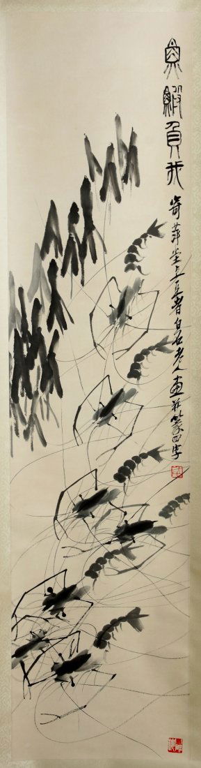 CHINESE PAINTING BY QI BAISHI: Chinese painting, by Qi Baishi 齊白石 (Jan 1, 1864 to sept 16, 1957), design with fish and shrimps, signed and 2 seal marks, size: 54" x 13".