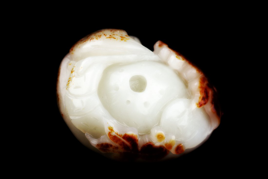 CHINESE WHITE JADE CARVED PENDANT: Chinese white jade carved pendant, seed material with couple of fishes and lotus, size: 1.83 x 1.48 x 1.1", 67.84 g.