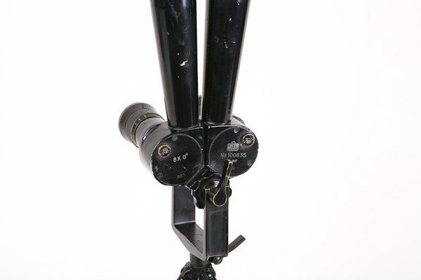 World War II Japanese NIKKO (Nikon) Trench Binocul: World War II Japanese NIKKO (Nikon) Trench Binoculars with tripod. The optics appear clear and sharp, marked as 8X6°, with serial no. 100835. Some wear in black paint on edges, with a few minor scrat