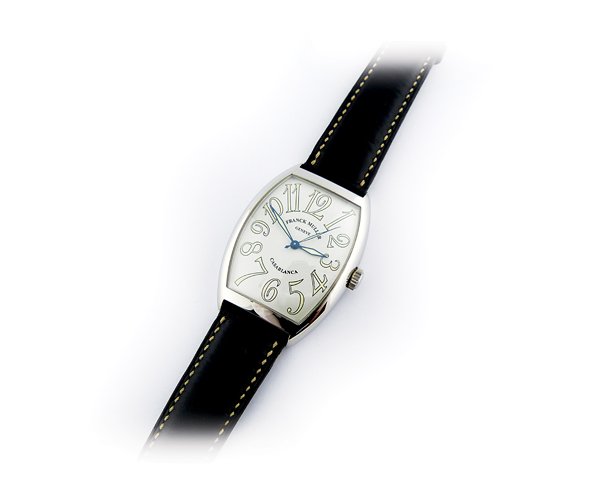 Franck Muller, "Casablanca".: Franck Muller, Genève, “Casablanca” no. 1312, ref. 6850. Curved tonneau-shaped, center seconds, self-winding, water-resistant, stainless steel wristwatch with a stainless steel Franck Muller depl