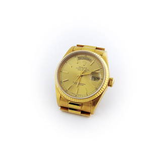 Rolex Oyster Perpetual Day-Date.: Rolex Oyster Perpetual Day-Date, Superlative Chronometer Officially Certified, ref. 18038/18000, case no. 9318738. Center seconds, self-winding, water-resistant, 18K yellow gold wristwatch with day an