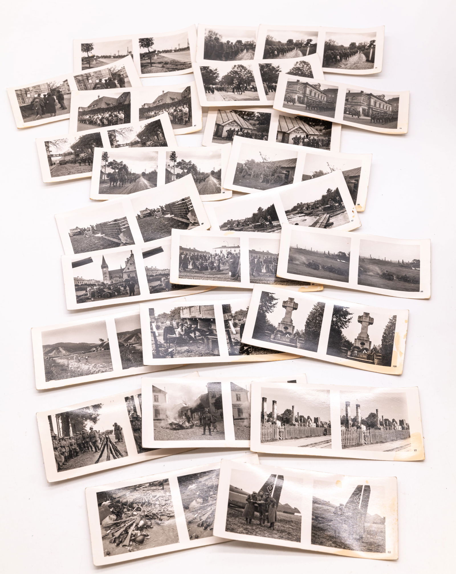 Twenty-four Stereo photographs of German wartime soldiers in the field and in various towns, by: Twenty-four Stereo photographs of German wartime soldiers in the field and in various towns, by Heinrich Hoffmann. Measuring 2 1/4" by 5", these photos show viewers what life was like on the front lin