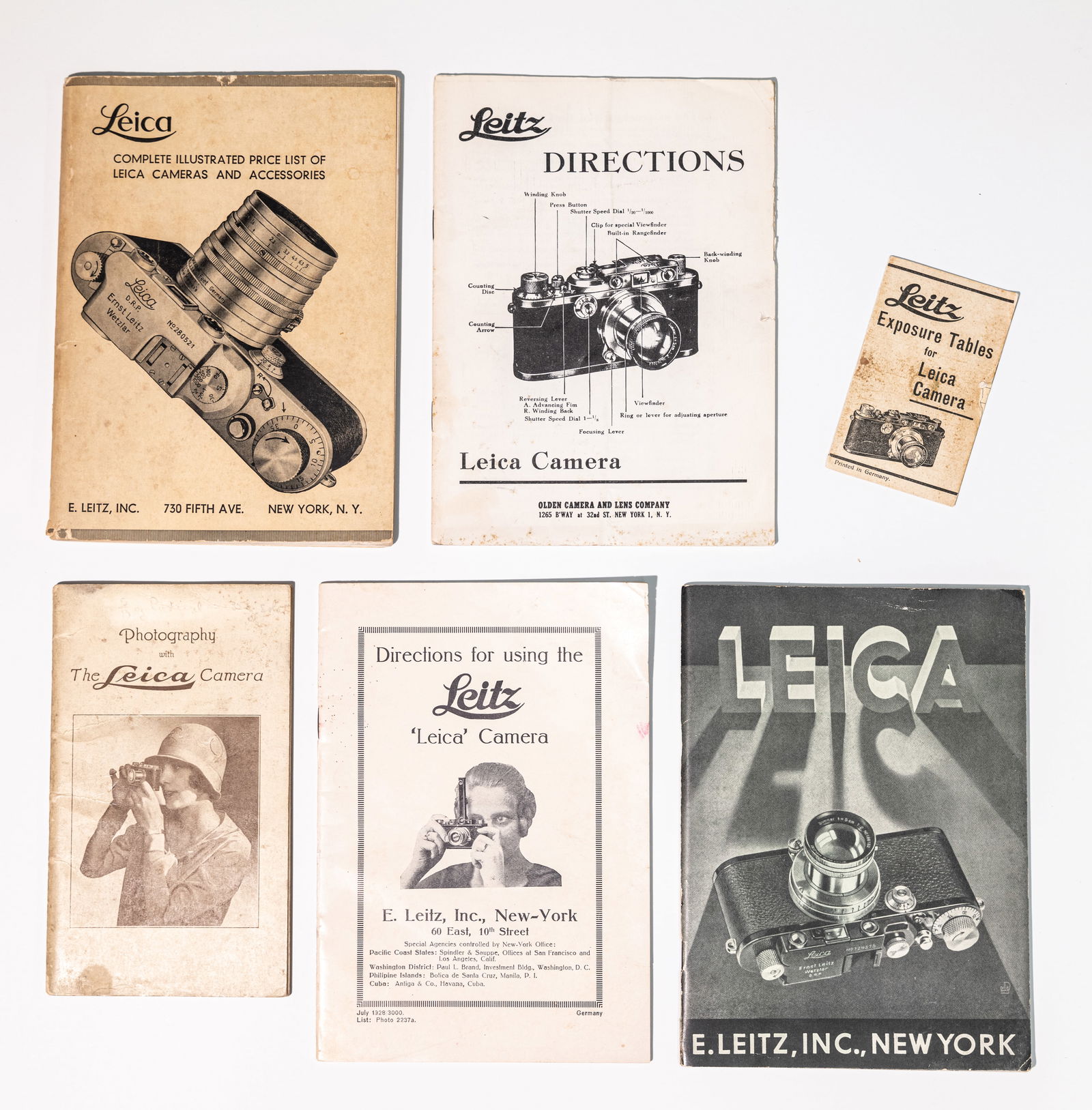 An array of early Leica literature, spanning circa 1928 to late 1939 (1 of 2)