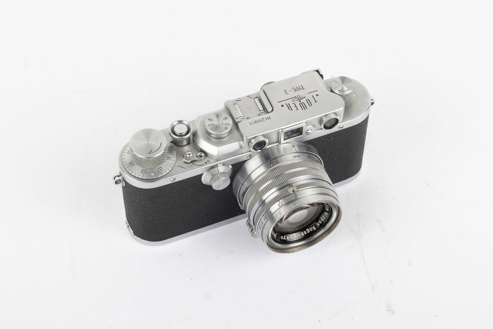 Tower Type-3: Tower Type-3 Nr. 29901 with Nippon Kogaku Tokyo 50mm Nikkor-H.C f2 Nr. 62089. This early 1950s camera is marked "Made in Occupied Japan" on the baseplate latch. Condition: Excellent ++ overall