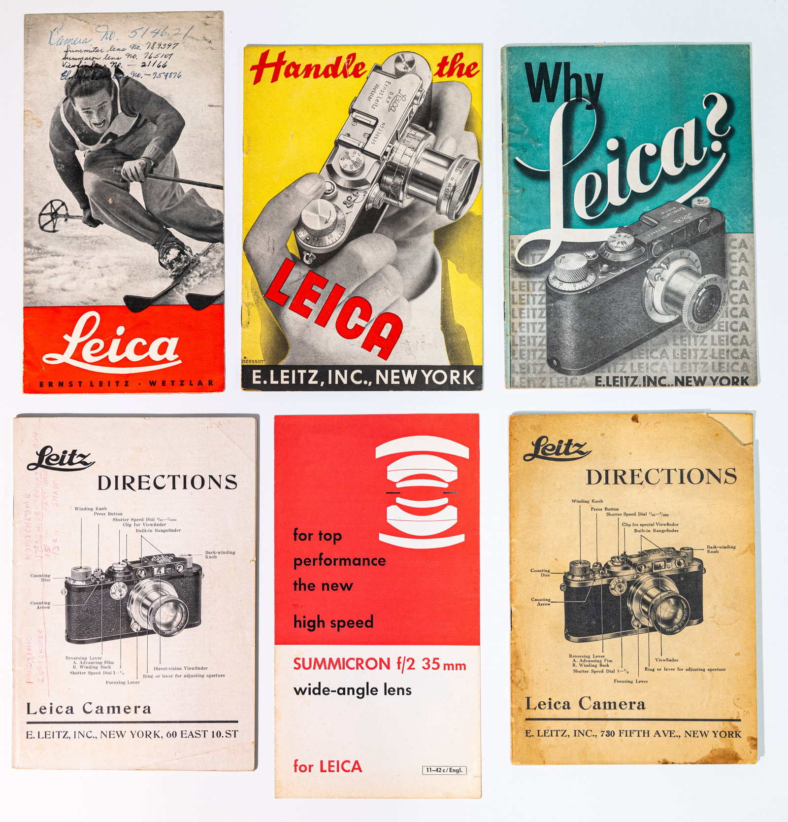Six pieces of Leica literature: Six pieces of Leica literature, including four-color brochures from the 1940s, one of which announces the 8-element Summicron lens. Condition: Excellent + overall