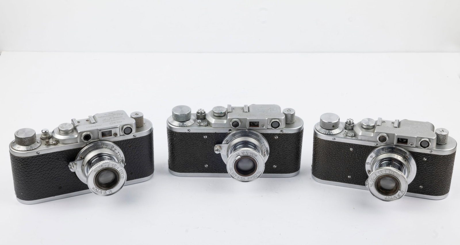 Three FED rangefinder cameras 2: Three FED rangefinder cameras with 50mm f3,5 lenses:FED Nr. 50501,FED Nr. 183102, and FED Nr. 116643. Condition: Very good overall