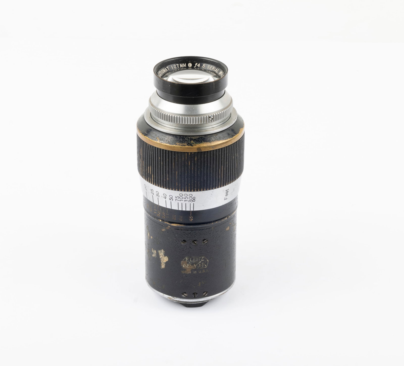 127mm Leica Anastigmat f4,5 Nr. 439094: 127mm Leica Anastigmat f4,5 Nr. 439094, made for the U.S. Signal Corps, and marked "E. Leitz New York" and "Made in the U.S.A." This lens bears the remains of a Signal Corps marking on the barrel. The