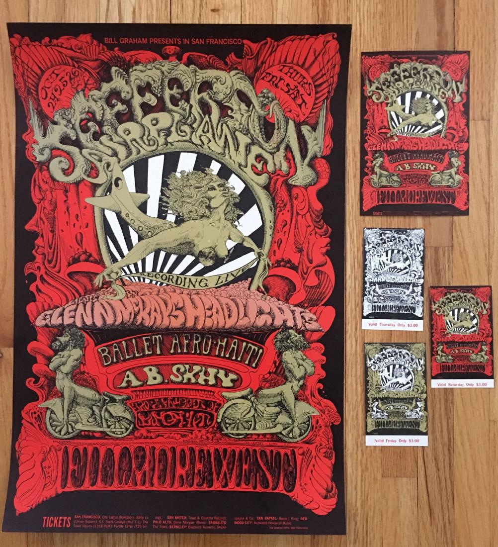 Jefferson Airplane BG142 Complete Set: Includes Jefferson Airplane BG142, Postcard, 1st Printing. Jefferson Airplane BG142, Poster, 1st Printing. Jefferson Airplane BG142, Vintage Ticket, Complete Set. MINT.