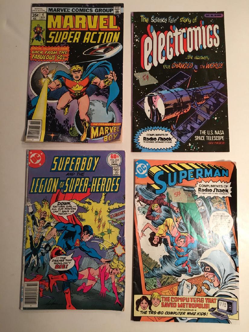 SET of 4 VINTAGE COMICS - RADIO SHACK and more: Including: Marvel Super Action #4., Science fair story of electronics comic radio shack comic, Superboy #232, superman radio shack giveaway comic featuring the TRS-80