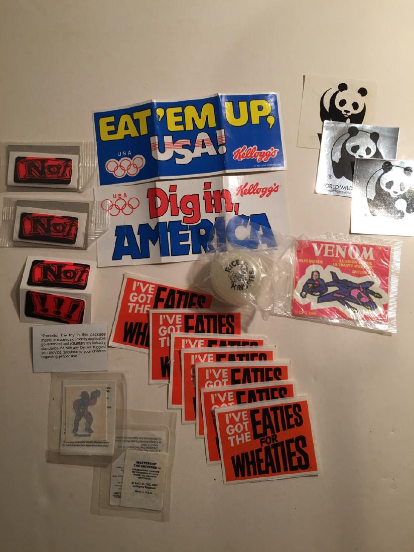 A Collection of Breakfast Cereal Give-aways: Including Kellogg's Olympic DIG â€˜EM Bumper Stickers, Wheaties stickers, Tattoos, and topped off with a RICE KRISPIE's Collector YoYo !