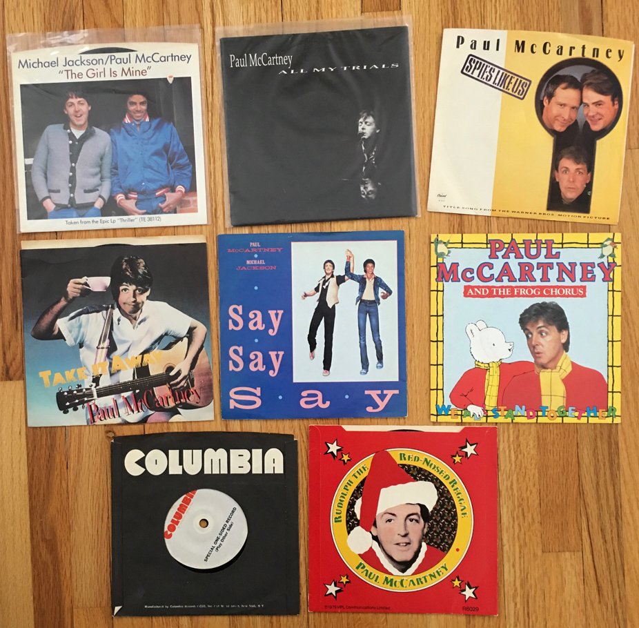 PAUL MCCARTNEY 45s RECORD COLLECTION: PAUL MCCARTNEY 45s RECORD COLLECTION featuring rare children 45, and Columbia promo OMNE SIDED RECORD !
