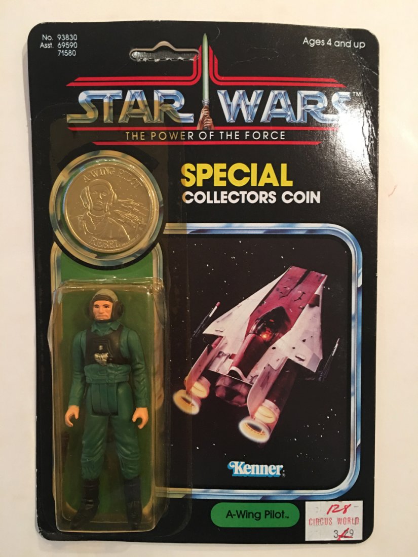 star wars the power of the force 1984 A-wing pilot: star wars the power of the force 1984 A-wing pilot. with coin. Kenner. Back shows collect all 92. Unpunched merchandising hanger. dents in blister pack.