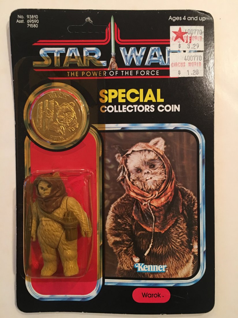 Star Wars Power Of The Force POTF Warok Ewok Kenner: Star Wars Power Of The Force POTF Warok Ewok Kenner 1984 Coin. Back shows collect all 92. Unpunched merchandising hanger. dents and crack in blister pack.